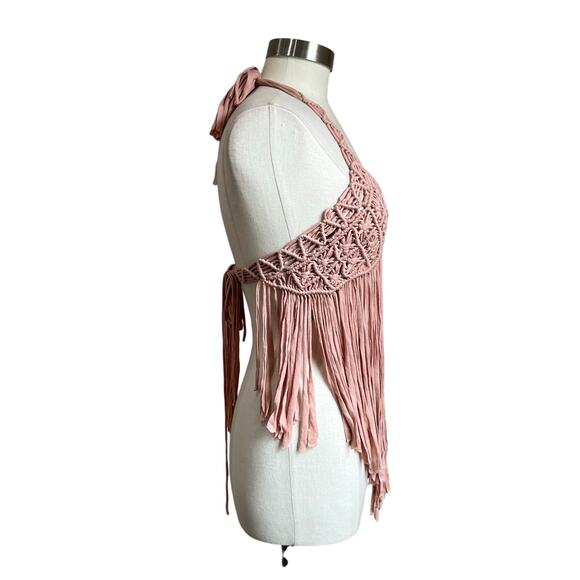 Forever 21 Pink Festival Macrame Fringe Halter Top Size M - Picture 3 of 10